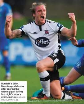  ?? DIARMUID GREENE/SPORTSFILE ?? Dundalk’s John Mountney celebrates after scoring the opening goal during last night’s victory over Limerick