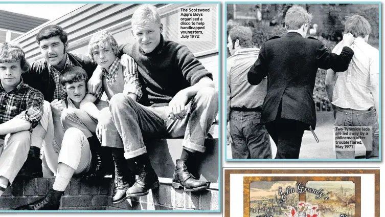  ??  ?? The Scotswood Aggro Boys organised a disco to help handicappe­d youngsters, July 1972 Two Tyneside lads are led away by a policeman after trouble flared, May 1971