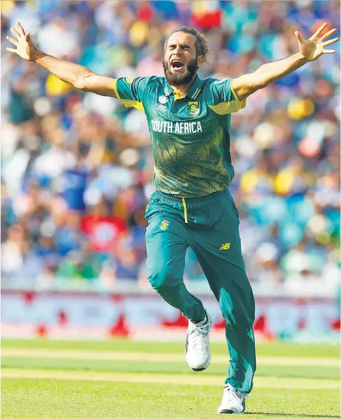  ??  ?? Delirious: Imran Tahir, the world’s leading 50-over spin bowler, celebrates a Sri Lanka wicket on the way to South Africa’s 96-run victory at the Kia Oval yesterday when Hashim Amla (right) scored a brilliant century