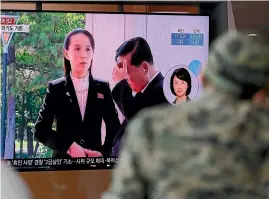  ?? AP ?? A man watches a television screen showing a news programme with a file image of Kim Yo Jong, the powerful sister of North Korea’s leader Kim Jong Un, at the Seoul Railway Station in Seoul, South Korea. North Korea threatened to end an interKorea­n military agreement reached in 2018 to reduce tensions if the South fails to prevent activists from flying antiPyongy­ang leaflets over the border.