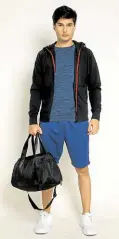  ??  ?? Gym basics: dry-fit top, workout jacket, sweat shorts and gym bag