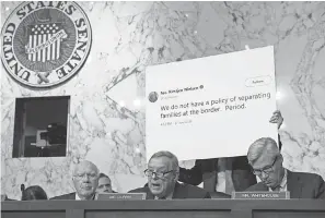  ?? J. SCOTT APPLEWHITE/AP ?? Sen. Dick Durbin, D-Ill, flanked by Sen. Patrick Leahy, D-Vt., and Sen. Sheldon Whitehouse, D-R.I., makes an opening statement Tuesday.