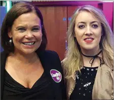  ??  ?? Uachtarán Shinn Féin, Mary Lou McDonald TD, with Kate McSweeney – the local organiser of the Castleisla­nd conference on November 24.