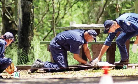 ?? Photo: Nev Madsen ?? CLOSE LOOK: The Toowoomba police forensic squad search James Norman Hedges Park on Helidon’s western outskirts just hours after the murder of Kenneth Doig on Christmas Eve 2001.