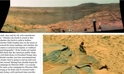  ??  ?? BELOW: Image PIA10214, a panoramic photo of the Martian surface taken by NASA’s Spirit rover. BELOW: The Bigfoot simulacrum that went viral online; Basiago identified it as being a statue possibly honouring the Martian dead or an actual dead Martian...