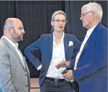  ?? FOTO: BERND WEISSBROD/DPA ?? Markus Frohnmaier (links) und Emil Sänze (rechts) führen künftig die AfD in Baden-Württember­g. Die bisherige Landesvors­itzende Alice Weidel (Mitte) war nicht mehr zur Wahl angetreten.