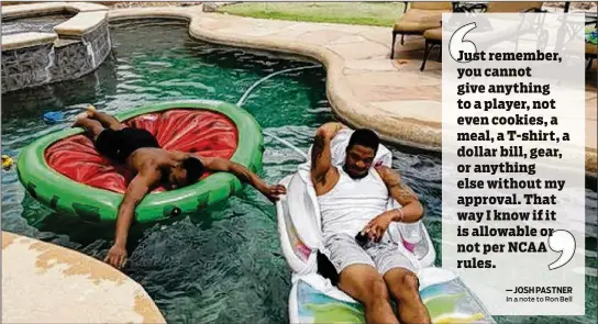  ?? PHOTOS COURTESY RON BELL ?? Two Georgia Tech basketball players lounge in the backyard pool at a Tucson, Arizona, home where Ron Bell lives with his girlfriend, Jennifer Pendley. The players, Josh Okogie and Tadric Jackson, later were suspended by the NCAA for receiving...