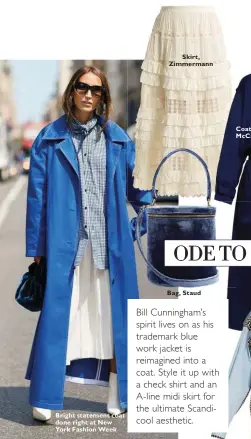  ??  ?? Bright statement coat done right at New York Fashion Week Skirt, Zimmermann Bag, Staud Coat, Stella McCartney