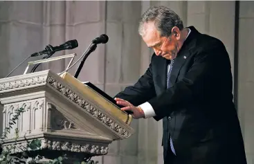  ?? ALEX BRANDON, POOL/ASSOCIATED PRESS ?? Former President George W. Bush pauses as he speaks Wednesday at the state funeral for his father, former President George H.W. Bush, at the National Cathedral in Washington.