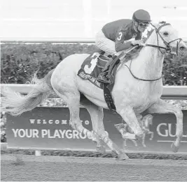  ?? LAUREN KING/GULFSTREAM PARK/COURTESY ?? Madison’s Luna, with Julien Leparoux in the irons, won the Hutcheson Stakes by 5 lengths.