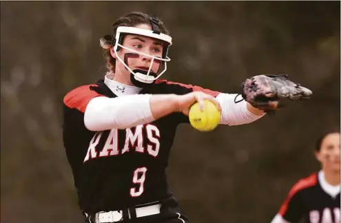  ?? Dave Stewart / Hearst Connecticu­t Media ?? New Canaan pitcher Ava Biasotti against Ridgefield on April 25.