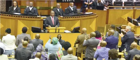  ?? | GCIS ?? PRESIDENT Cyril Ramaphosa replies to the debate on the State of the Nation address at the joint sitting of Parliament in the National Assembly. He delivered the Sona last week focusing on economic developmen­t, job creation and enhancing the capacity of the state. Political parties had the opportunit­y, in a debate, to reinforce or critique the president’s overview of the state of affairs in the country and his vision of where South Africa should be headed.