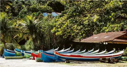  ??  ?? Barcos esculpidos em tronco único, usados pelos pescadores de Castelhano­s, em Ilhabela; à dir., almoço preparado por Laurinda Lucio em sua casa: arroz, feijão, peixe ensopado, farofa, taioba refogada esalada