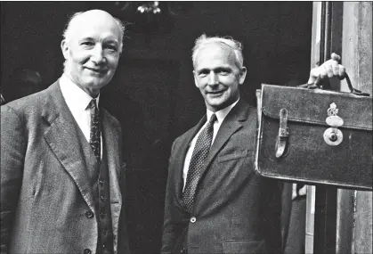 ??  ?? VITAL OMISSIONS: Lord Denning, left, with Thomas Critchley, outside No10 with the report into the Profumo affair