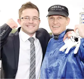  ?? Picture: JC Photograph­ics ?? DELIGHT. Mathew de Kock and jockey Piere Strydom celebrate Janoobi’s win in last year’s Gauteng Guineas.