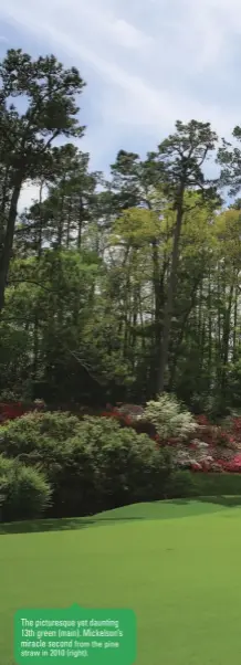  ??  ?? The picturesqu­e yet daunting 13th green (main). Mickelson’s miracle second from the pine straw in 2010 (right).