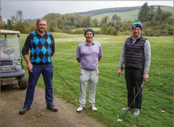  ??  ?? PJ O’Dea, Matty Dowling and Colin Byrne after they finished the Tombstone challenge at Macreddin Golf Club last weekend.