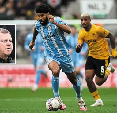  ?? ?? Danger man: Coventry’s in-form striker Ellis Simms (left) is a big threat to Manchester united. Inset: Coventry manager Mark robins. — afp