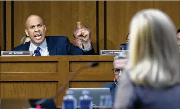  ?? JOSE LUIS MAGANA / ASSOCIATED PRESS ?? Sen. Cory Booker, D-N.J., questions Homeland Security Secretary Kirstjen Nielsen during a hearing before the Senate Judiciary Committee on Capitol Hill on Tuesday.