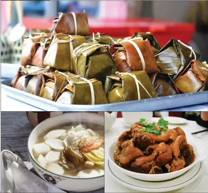  ??  ?? Different Asian cultures have their own traditiona­l dishes for Lunar New Year celebratio­ns, including (clockwise from top) southern Vietnam’s bánh chung; China’s fat choi jau sau (Tammy Kwan photo); and Korea’s tteokguk.