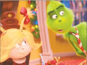  ?? Illuminati­on and Universal Pictures / Associated Press ?? The characters Cindy-Lou Who, voiced by Cameron Seely, left, and Grinch, voiced by Benedict Cumberbatc­h, in a scene from “The Grinch.”