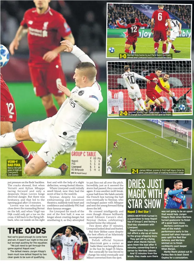  ??  ?? Bernat fires home to put Paris Saint-Germain ahead and Liverpool have a mountain to climb Neymar scores from close range to put PSG in charge but Liverpool did not give up hope.. James Milner scores in first-half injury time to give Liverpool hope of making knockout stage