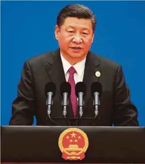  ?? AP PIC ?? Chinese President Xi Jinping speaking at the end of the Belt and Road Forum for Internatio­n Cooperatio­n in Beijing yesterday.