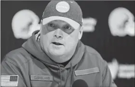  ?? AP/TONY DEJAK ?? Cleveland Browns head coach Freddie Kitchens speaks at a news conference Monday at the NFL football team’s training camp facility in Berea, Ohio. Browns star defensive end Myles Garrett has not yet scheduled the appeal for his indefinite NFL suspension for striking Pittsburgh quarterbac­k Mason Rudolph with a helmet.