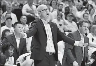  ?? JESSICA HILL/AP PHOTO ?? UConn coach Dan Hurley reacts during the second half of Wednesday’s game against Providence.