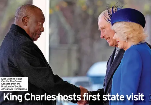  ?? ?? King Charles III and Camilla The Queen Consort greet the President of South Africa Cyril Ramaphosa
