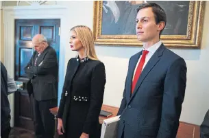  ?? EVAN VUCCI/THE ASSOCIATED PRESS FILE PHOTO ?? White House senior adviser Jared Kushner stands with Ivanka Trump and White House Chief of Staff John Kelly. Kushner Cos. filed false permit applicatio­ns with New York City officials.