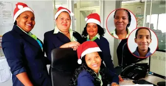  ??  ?? All dressed up in festive spirit and ready to be of help in the GO GEORGE Call Centre, are passenger service agents Wendy de Vos (seated in front), and behind her, from left, Nozandi Cwati, Lee-Ann Wiltshire and Gledene le Fleur, with their colleagues Unati Xakata and Ferdie Geduld on the inserts.