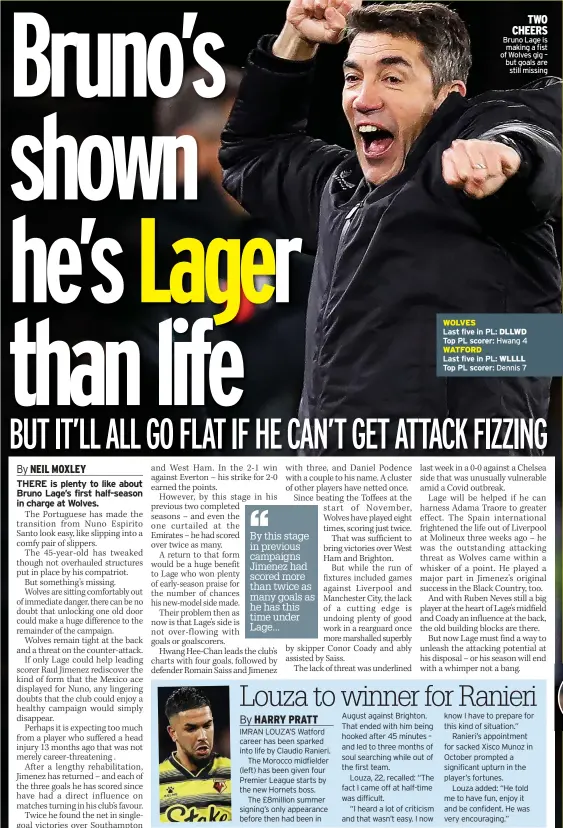  ?? ?? TWO CHEERS Bruno Lage is
making a fist of Wolves gig – but goals are
still missing
WOLVES
Last five in PL: DLLWD
Top PL scorer: Hwang 4 WATFORD
Last five in PL: WLLLL
Top PL scorer: Dennis 7