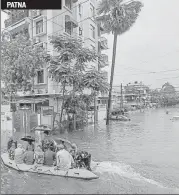  ?? PTI/REUTERS/ANI ?? (Clockwise from above): Disaster relief officials rescue residents hit by floods in Patna; a man rides through a waterlogge­d street in Allahabad; vehicles move through a flooded road in Kolkata following heavy rainfall on Sunday.