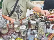  ?? Richard Vogel, The Associated Press ?? A vendor with Talking Trees Farms, a sustainabl­e cannabis farm, offers a taste of their latest crop of crafted marijuana flower to an attendee of Weedcon West 2019 on June 20 in Los Angeles.