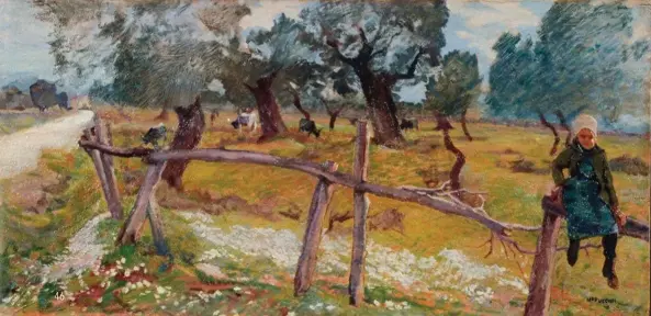  ??  ?? Sotto: M. Puccini Oliveto con contadinel­la e bufali 34x66 cm., Galleria Nazionale d’Arte Moderna, Roma