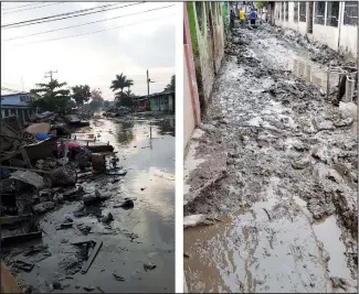  ?? (AP/Ana Morazan) ?? Debris (left photo) and mud (right photo) from hurricanes Eta and Iota cover streets in front of Morazan’s home.