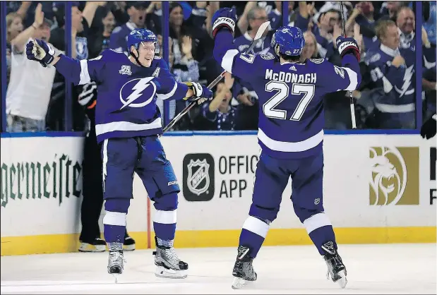  ?? MIKE EHRMANN/GETTY IMAGES ?? Ondrej Palat (left) and Ryan McDonagh of the Lightning celebrate a goal during their Game 2 victory over the Bruins last night.