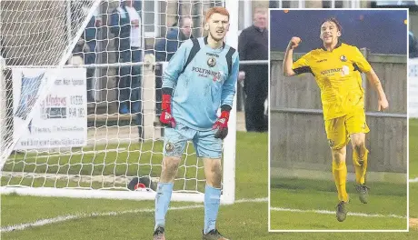  ?? John Rooney ?? Goalkeeper Owen Wheeler pictured on his debut for Widnes FC against Silsden while fellow debutant Billy Webb celebrates his goal on his first appearance for the club that wrapped up a 4-1 victory.