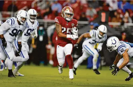  ?? Scott Strazzante / The Chronicle ?? Elijah Mitchell, who ranks 13th in the NFL in rushing despite missing four games, won’t play against the Falcons on Sunday.