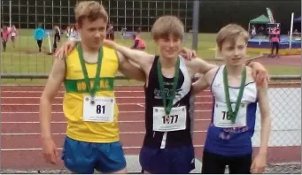  ??  ?? Danny Nugent, second in the Leinster Under-14 Boys 800m final, with fellow medallists.