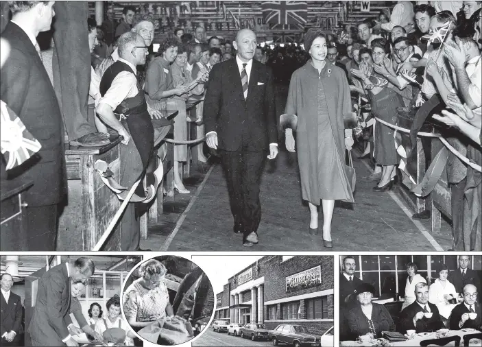  ??  ?? SUCCESS STORY: Main picture, the Queen at the Montague Burton Ltd factory in 1958 walking with Lionel Jacobson, chairman of the company; Above from left, The Duke of Edinburgh meeting workers during the factory tour, which took place in 1958; tailoress Mrs Annie Cooper at work; Burton Factory exterior, Hudson Road, Burmantoft­s, Leeds, in August 1978; Sir Montague Burton (seated, on the right), who became known as ‘the tailor of taste’, with guests.