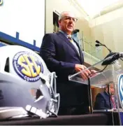  ?? AP PHOTO BY JOHN BAZEMORE ?? Southeaste­rn Conference commission­er Greg Sankey speaks during the league’s media days event for football on July 16, 2018, in Atlanta.