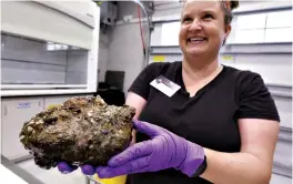  ?? Tribune News Service ?? ■ Starr Cox, director of archaeolog­ical conservati­on at the St. Augustine Lighthouse Archaeolog­ical Maritime Progam, holds a chunk of encrusted artifacts from the Anniversar­y Wreck. X-rays reveal the chunk contains a padlock, a keg key, tacks and other items.