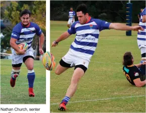  ??  ?? Nathan Church, senter van George se eerste rugbyspan, het een van sy span se nege drie gedruk. Nathan Scott (losskakel) het 18 punte aangeteken en George gehelp om NMU met 58-29 te klop.