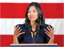  ?? AP PHOTO/MICHAEL DWYER ?? In 2022, Boston Mayor Michelle Wu speaks during a Democratic election night party in Boston. Wu is one of several recent victims of swatting.