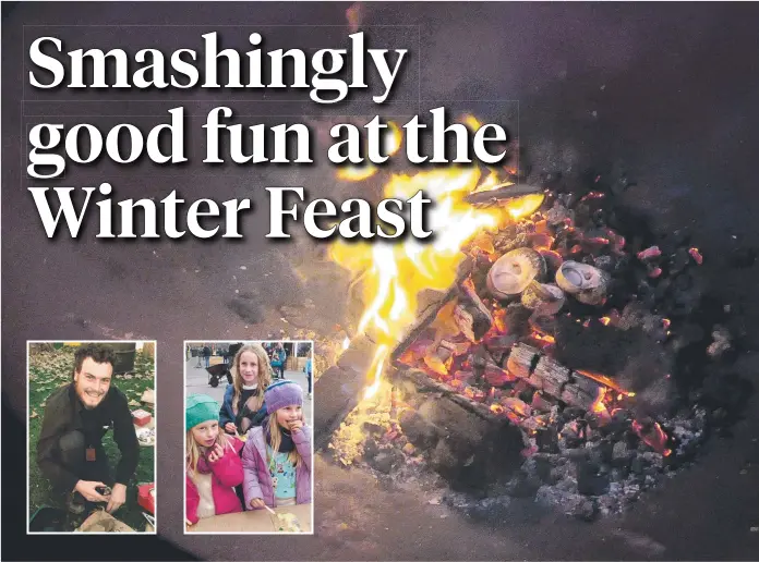  ?? Pictures: ELAINE REEVES ?? MAIN PICTURE: Warrener (native periwinkle­s) cooking on the hot coals at the Winter Feast. INSET LEFT: Trent Prouse supervisin­g the warrener smashing. INSET RIGHT: The Akmentins sisters, Mabel 8, at rear, and twins in Nina, left, and Edie, 5, tucking in to the smashed potatoes during the "Fire and Ice" interactiv­e program.