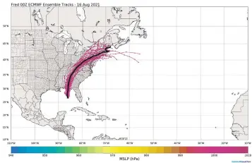  ??  ?? This graphic shows the forecast path of Tropical Storm Fred from the ECMWF, the European Centre for Medium-Range Weather Forecasts. The remnants of Fred are forecast to bring rounds of rain to parts of the Mid-Atlantic region.