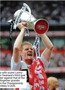  ?? ROBERT MELIN ?? He’s seen it all... Alan Tate celebrates with scorer Lenny Johnrose and Jonathan Coates after Swansea’s third goal in the Football League survival decider against Hull at the ramshackle Vetch in 2002, and in altogether grander surroundin­gs after Swansea had won the Championsh­ip play-off final against Reading at Wembley in 2011.