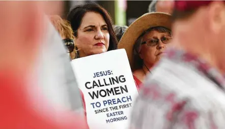  ?? Associated Press file photo ?? In 2019, women protest at the Southern Baptist Convention’s annual meeting in Birmingham, Ala. Now, a number of SBC women are sharing their dismay about sex abuse, their limitation­s and the vitriol directed at Bible teacher Beth Moore, who left the denominati­on.